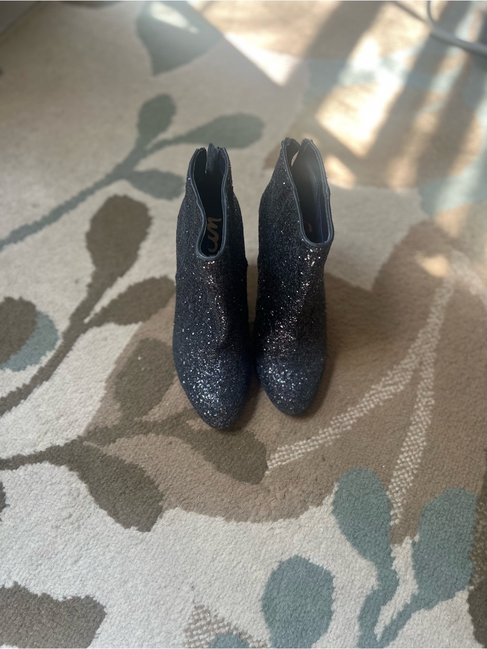 Sam Edelman Black Glitter Pointed Toe Ankle Booties, Size 6